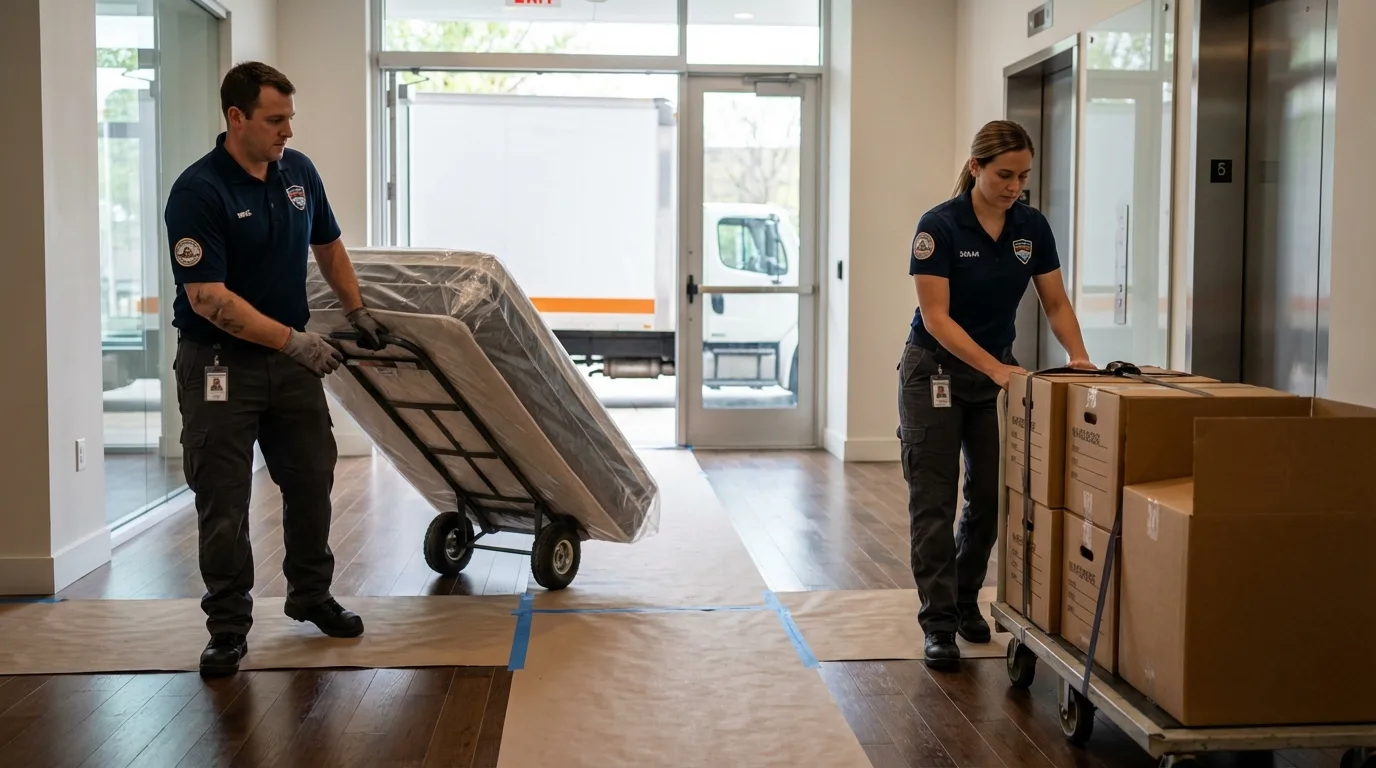 Professional apartment movers loading elevator in Maryville, TN