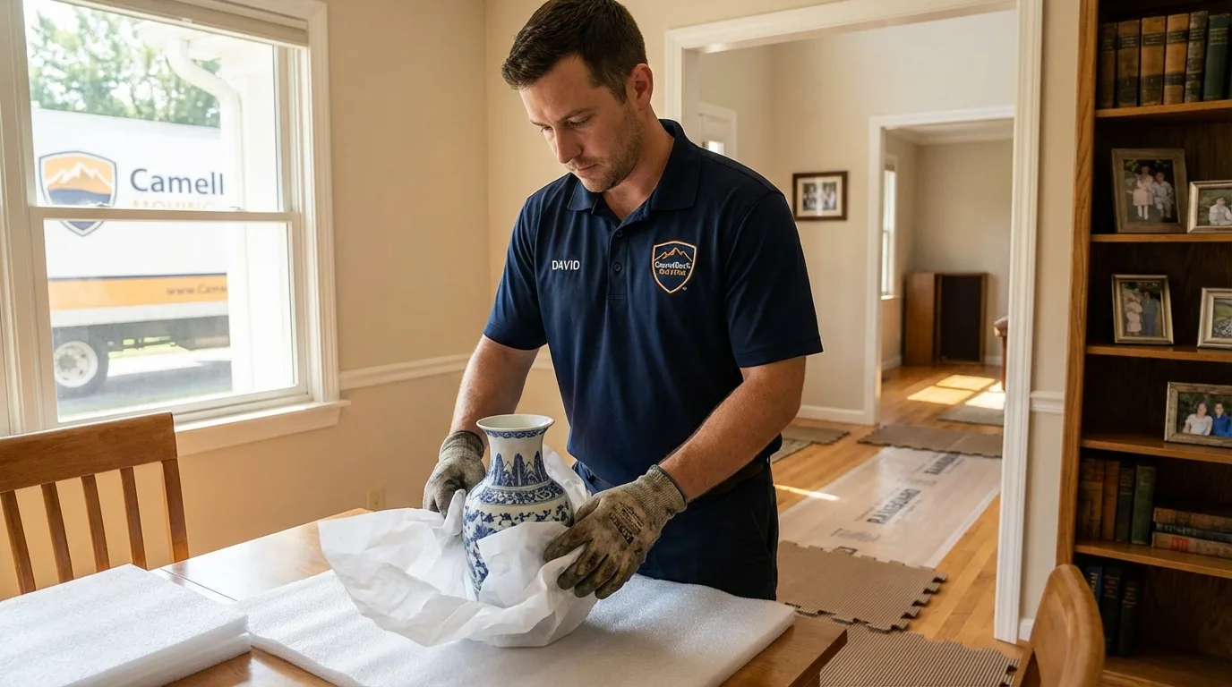 Professional crew carefully wrapping antique vase for senior downsizing move in Maryville, TN